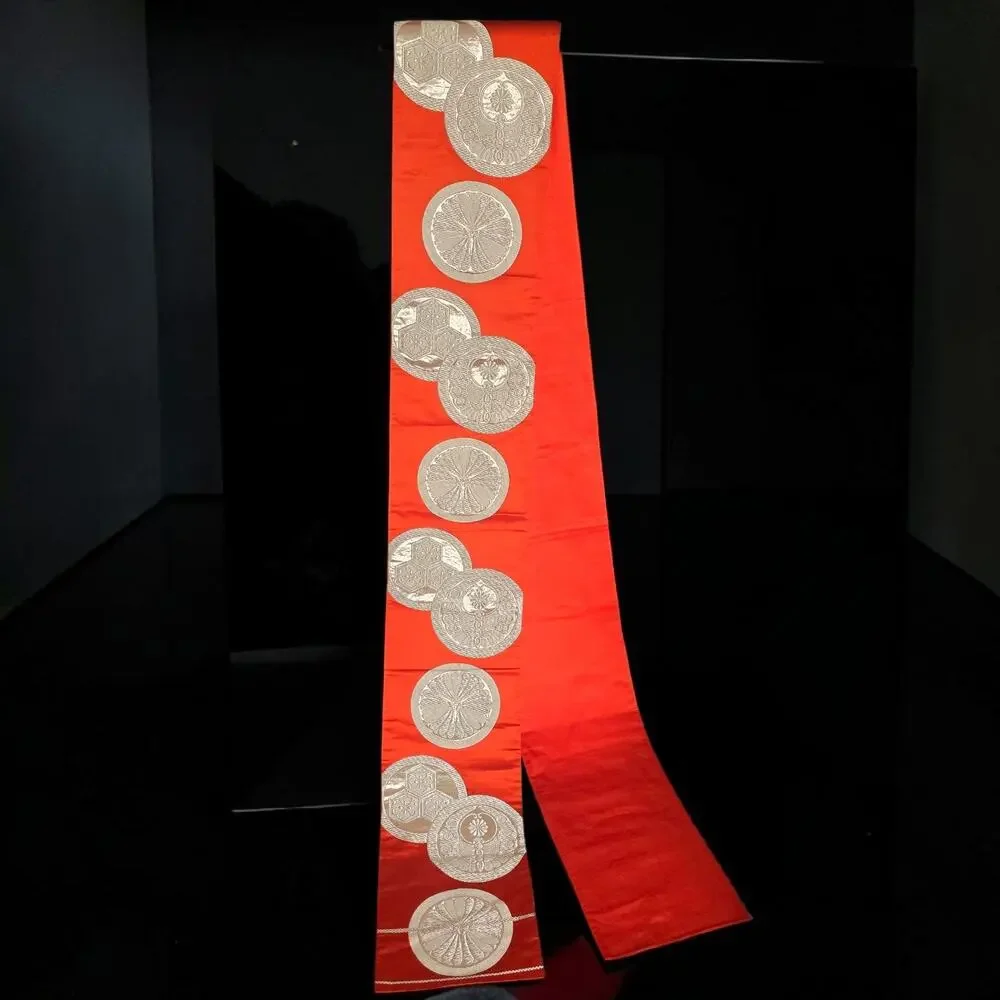 VTG Japanese Silk Fukuro Obi Vermilion Orange Gold Brocade  Kimono Sash 164